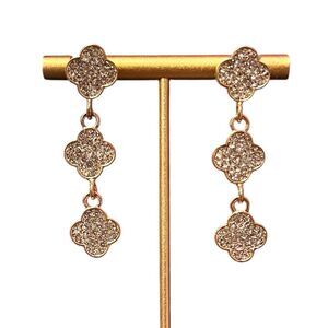 Elegant Clear Crystal Triple Clover Alhambra Gold Tone Dangle Earrings